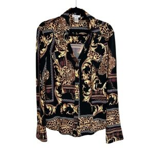 Vintage Y2K Cache Mixed Print Knit Shirt Size XL Black Brown Snap Front V Neck